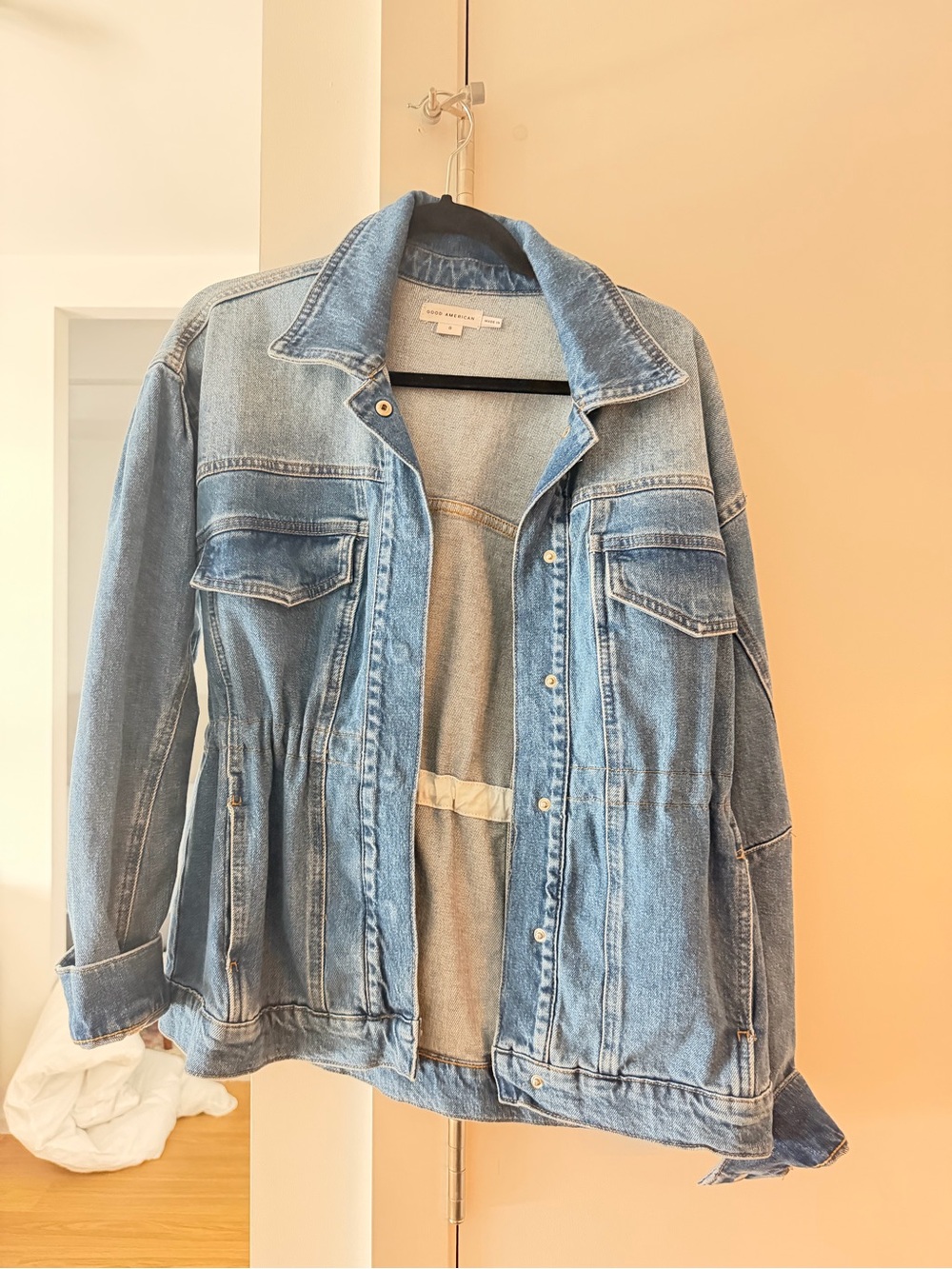Good American Washed Blue Jean Jacket with Drawstring Waist